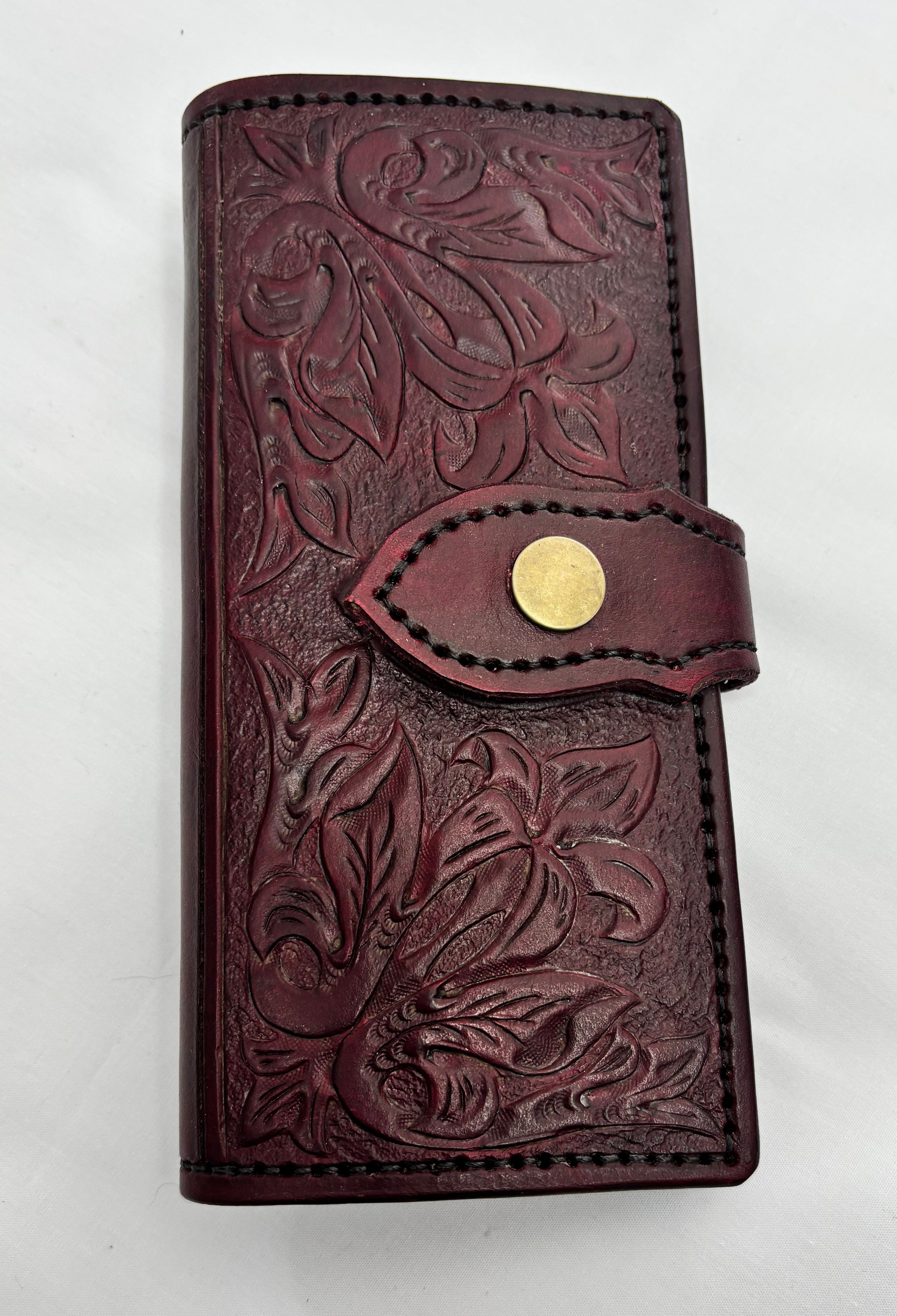 Hand tooled deep red long wallet
