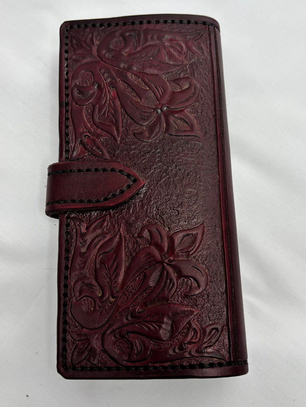 Hand tooled deep red long wallet