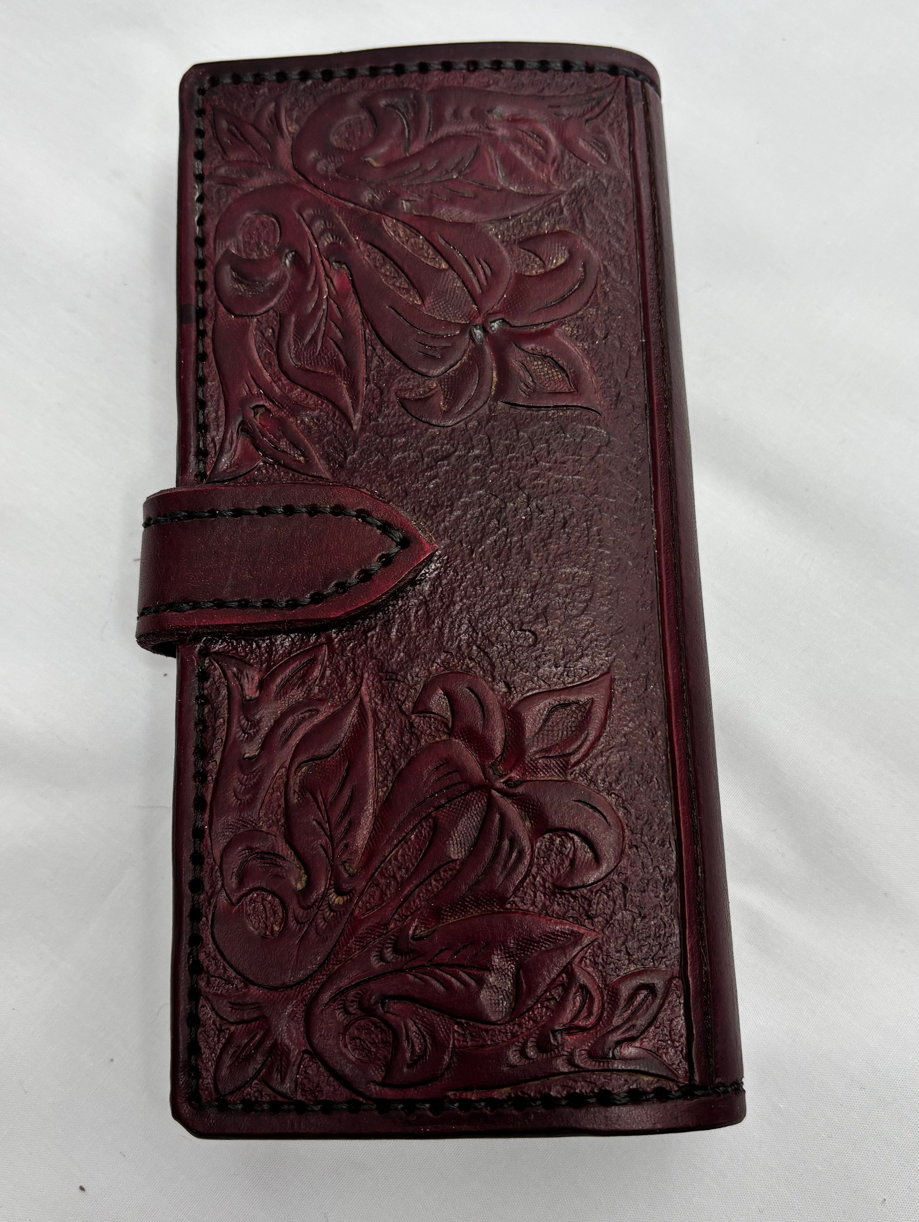 Hand tooled deep red long wallet