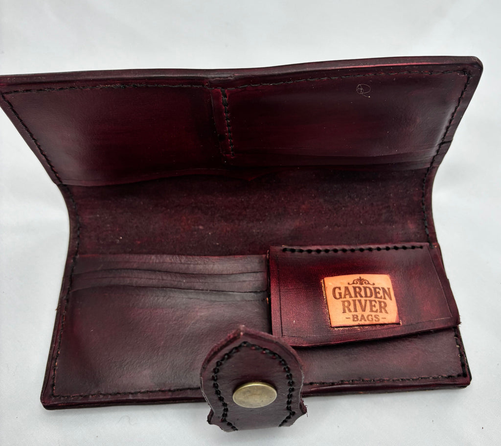 Hand tooled deep red long wallet