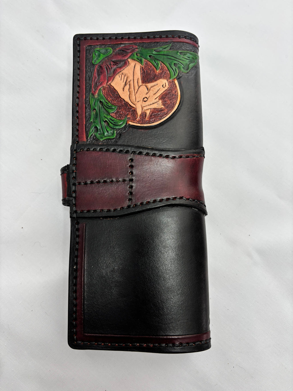 Hand tooled leather long wallet