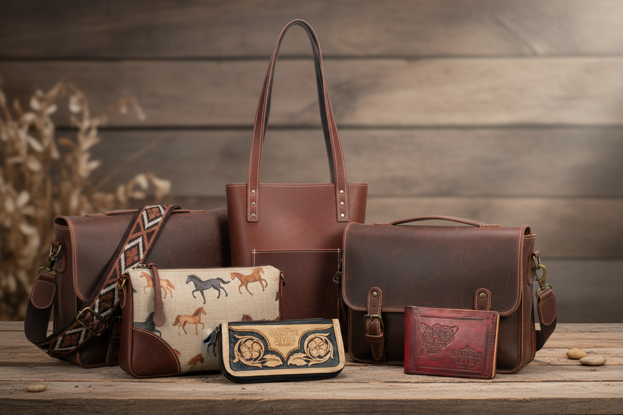 Leather collection featuring Kiana - Horses, Messenger Bag, Tote Bag, Tooled Leather Wallet, and Bi-Fold Dragon